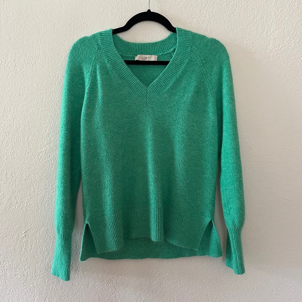 Loft Fuzzy Green V-neck Sweater